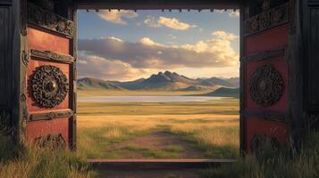 AI generated Mongolian landscapes through a frame within a frame composition, where the silhouette of a yurt gate frames a distant view of grasslands, a lake, and majestic mountains. photo