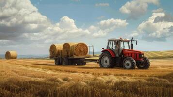 ai generado un granjero operando un tractor a carga redondo heno fardos sobre un remolque, exhibiendo el agrícola proceso de cosecha y transportar Paja fardos con auténtico realismo y detalle. foto