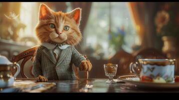 AI Generated an animated kitten exuding sophistication in its attire, portrayed in hyper-realistic detail photo