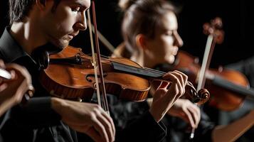 AI Generated a violin accompanied by its bow and sheet music, elegantly poised on a black background, with clean lines and natural shadows enhancing its ultra-detailed craftsmanship. photo