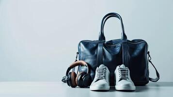 AI generated shoes, headphones, and a bag against a studio white background, capturing the essence of urban style and modern accessories with clarity and sophistication. photo