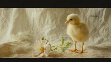 AI generated a very cute yellow chick standing against a captivating light monochromatic background, with a delicate flower nearby, creating a heartwarming and enchanting scene of innocence and beauty photo