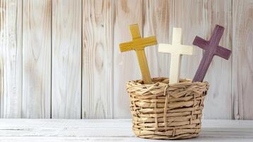 ai generado cruces anidado en un Paja cesta en contra un blanco de madera fondo, ofrecimiento un pacífico y contemplativo escena con opciones para cruces en blanco, amarillo, o púrpura matices foto