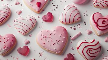 AI generated an array of themed candies and heart-shaped cookies, delicately embellished with pink and red icing, sparkling with edible glitter against a pristine white background. photo