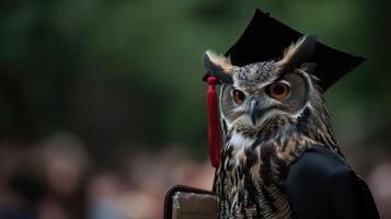 AI generated a majestic owl adorned in a graduation gown and mortarboard, exuding scholarly elegance and poise as it partakes in a solemn university ceremony. photo