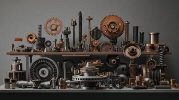 AI generated drum brakes, gears, and assorted metal components artfully displayed on a pedestal, against a grey, oxidized background, evoking an industrial ambiance that celebrates precision photo