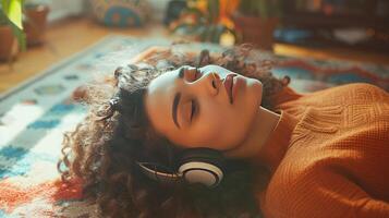 AI generated a relaxed woman lying on the carpet at home, indulging in music through her headphones, exuding a sense of calm and contentment in her portrait. photo