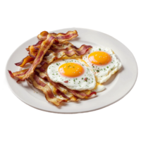 AI generated Plate with two fried eggs and bacon on a table isolated on PNG background.