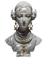 AI generated Gray bust of woman with beautiful gold jewelry isolated on PNG background.