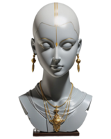 AI generated Gray bust of woman with beautiful gold jewelry isolated on PNG background.