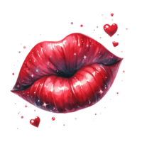 AI generated Watercolor red lips in the shape of  kiss isolated on PNG background.