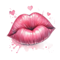 AI generated Watercolor red lips in the shape of  kiss isolated on PNG background.