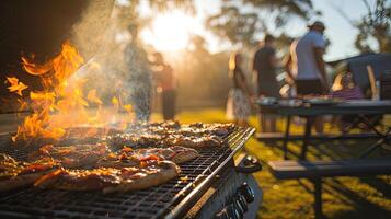 ai generado un pulcro webber parrilla chisporrotea con el aroma de Pizza siendo expertamente cocido en un pintoresco parque configuración, evocando el ambiente de al aire libre culinario deleite y camaradería. foto