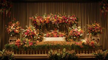 AI generated a romantic wedding stage adorned with delicate flowers, emanating an atmosphere of love and enchantment as couples exchange vows in a breathtaking setting. photo