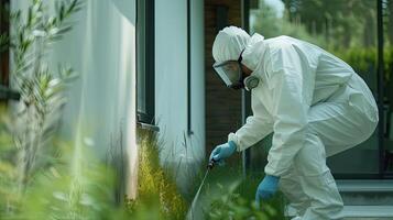 AI generated the technician holding a sprayer and emphasizing the application of the product at the base of the building to ensure thorough protection against pests. photo