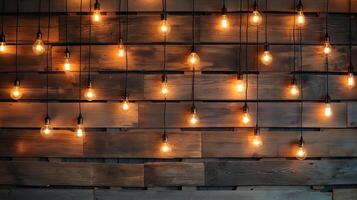 AI generated a wood wall adorned with warm bulb lights, creating a cozy and inviting atmosphere in a living space or cafe setting. photo