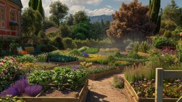 AI generated a garden adorned with raised beds, where lush greenery thrives alongside colorful blooms of a rose garden and the soothing aroma of lavender, creating a picturesque oasis of beauty. photo