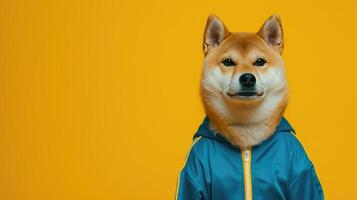 AI generated a charismatic fat Shiba Inu strikes a pose in a sleek blue tracksuit, accentuated by bold yellow striping along the sides, creating a cinematic photograph that radiates attitude. photo