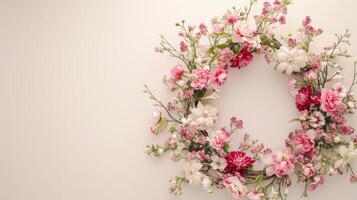 AI generated a floral wreath delicately arranged on a light background, with ample free space for text, perfect for wedding invitations, greeting cards, or announcements, exuding beauty photo