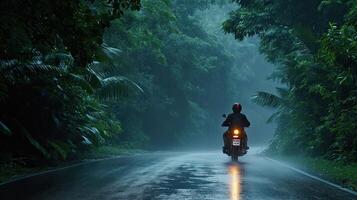 AI generated a motorbike driver navigating through the rain on a densely tree-lined road, the shimmering raindrops and lush foliage creating a captivating ambiance of nature's embrace photo