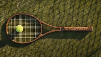 ai generado un de madera tenis raqueta y pelota metido en un césped tenis corte, ejecutado en un minimalista estilo, capturar el esencia de el deporte con sencillez y elegancia. foto