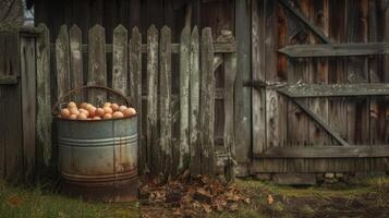 AI Generated a sturdy bucket brimming with freshly collected eggs, nestled beside the picket fence of a rustic chicken coop, epitomizing the charm of country living. photo