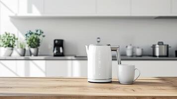 ai generado un moderno eléctrico tetera sentado junto a un taza en un de madera mesa en un lleno de luz, minimalista cocina, retratar el matrimonio de estilo y utilidad en contemporáneo hogar accesorios. foto