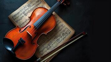 AI generated a violin accompanied by its bow and sheet music, elegantly poised on a black background, with clean lines and natural shadows enhancing its ultra-detailed craftsmanship. photo