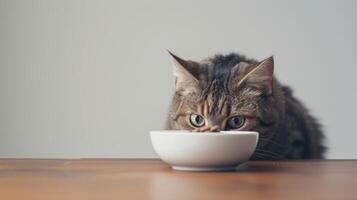 AI generated a cat its head out from under the table, drawn by the aroma of wet cat food in a bowl placed on the table, against a  white background, showcasing the irresistible allure of dining photo