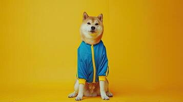 ai generado un carismático grasa shiba inu huelgas un actitud en un pulcro azul chandal, acentuado por negrita amarillo rayado a lo largo el lados, creando un cinematográfico fotografía ese irradia actitud. foto