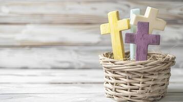 AI generated crosses nestled in a straw basket against a white wooden background, offering a peaceful and contemplative scene with options for crosses in white, yellow, or purple hues. photo