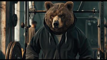 AI generated a bear with fur and brown eyes dons a black hoodie and grey shorts, showcasing strength and determination while lifting heavy weights in the gym, enveloped in an atmosphere of motivation. photo