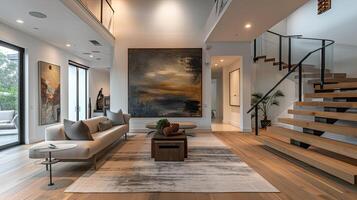 AI generated a Zen-style living space with stairs, an oil painting in a wooden frame, in light gray and amber tones, while a mural with a translucent overlay adds depth and tranquility to the space photo