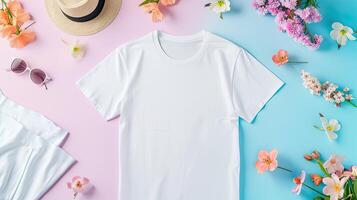 ai generado un blanco camiseta Bosquejo presentando un blanco camisa plantilla, adornado con vibrante primavera accesorios en contra un suave pastel fondo, Perfecto para transporte un Fresco y estacional estilo. foto