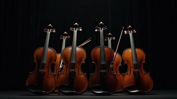 AI generated a violin accompanied by its bow and sheet music, elegantly poised on a black background, with clean lines and natural shadows enhancing its ultra-detailed craftsmanship. photo