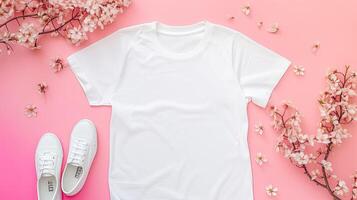 ai generado un blanco camiseta Bosquejo presentando un blanco camisa plantilla, adornado con vibrante primavera accesorios en contra un suave pastel fondo, Perfecto para transporte un Fresco y estacional estilo. foto