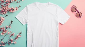 ai generado un blanco camiseta Bosquejo presentando un blanco camisa plantilla, adornado con vibrante primavera accesorios en contra un suave pastel fondo, Perfecto para transporte un Fresco y estacional estilo. foto