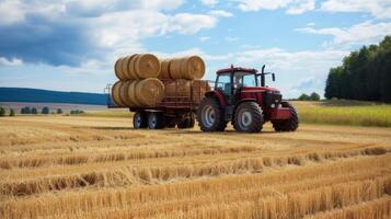 ai generado un granjero operando un tractor a carga redondo heno fardos sobre un remolque, exhibiendo el agrícola proceso de cosecha y transportar Paja fardos con auténtico realismo y detalle. foto