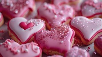 AI generated delicately decorated sweets, heart-shaped cookies adorned with pink and red icing, and sprinkled with edible glitter, evoking a sense of romance and indulgence. photo