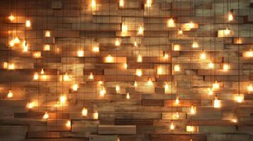AI generated a wood wall adorned with warm bulb lights, creating a cozy and inviting atmosphere in a living space or cafe setting. photo