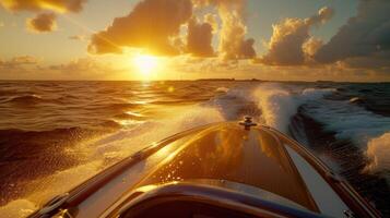 AI generated speedboating through with a realistic close-up shot from the back seat of a speedboat, showcasing the mesmerizing ocean vista during the golden hour, enhanced by captivating shadow play. photo