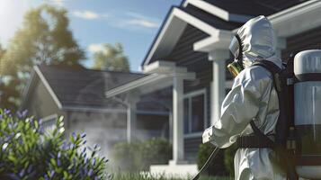 AI generated the technician holding a sprayer and emphasizing the application of the product at the base of the building to ensure thorough protection against pests. photo