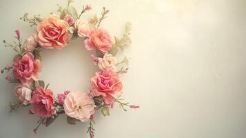 AI generated a floral wreath delicately arranged on a light background, with ample free space for text, perfect for wedding invitations, greeting cards, or announcements, exuding beauty photo