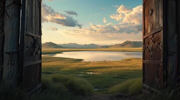 AI generated Mongolian landscapes through a frame within a frame composition, where the silhouette of a yurt gate frames a distant view of grasslands, a lake, and majestic mountains. photo