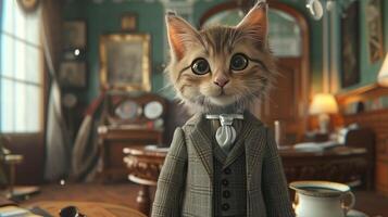 AI Generated an animated kitten exuding sophistication in its attire, portrayed in hyper-realistic detail photo