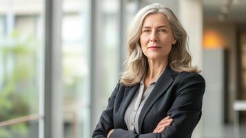 AI generated a mature female lawyer in joyful professional portraits, presented in a realistic style against a light background, conveying a sense of competence and approachability in legal practice. photo