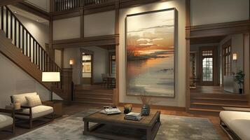 AI generated a Zen-style living space with stairs, an oil painting in a wooden frame, in light gray and amber tones, while a mural with a translucent overlay adds depth and tranquility to the space photo