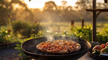 ai generado un pulcro webber parrilla chisporrotea con el aroma de Pizza siendo expertamente cocido en un pintoresco parque configuración, evocando el ambiente de al aire libre culinario deleite y camaradería. foto