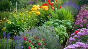 ai generado un jardín adornado con elevado camas, dónde lozano verdor prospera junto a vistoso floraciones de un Rosa jardín y el calmante aroma de lavanda, creando un pintoresco oasis de belleza. foto