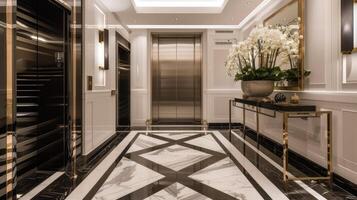 AI generated a bright basement elevator room reminiscent, featuring black and white marble flooring, white walls, and top surfaces with integrated storage space, exuding sophistication and luxury. photo